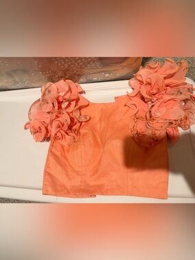 Floral Appliqué Ruffle Sleeves Coral Bustier Top
